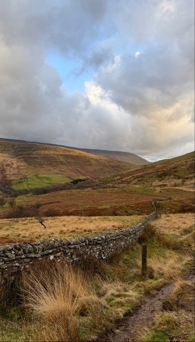 The reference image taken on our hike - A Walk in Wales, a textured acrylic landscape painting of the Brecon Beacons, with rolling hills, a dry stone wall and moody winter sky.